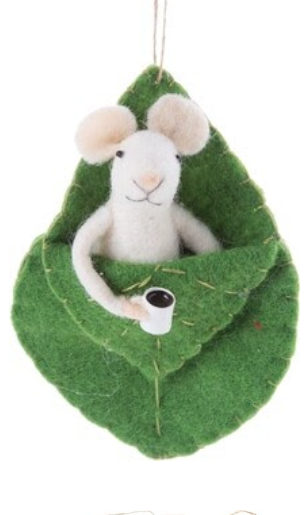 Felted Wool Mouse Ornament In Leaf Sleeping Bag