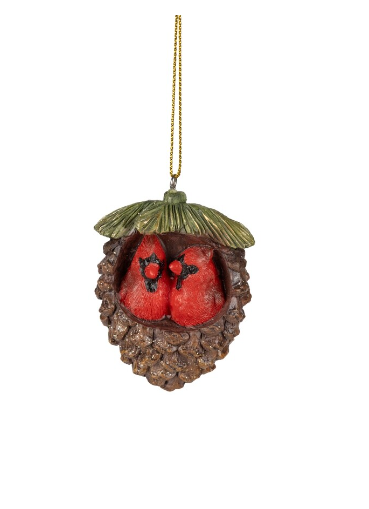 Resin Red Cardinal Pair Ornaments- Two Birds in Pinecone