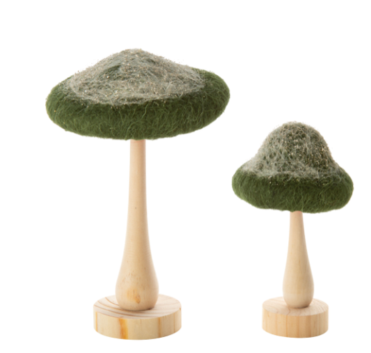 Wooden and Green Felted Wool Mushroom Decoration Set 2