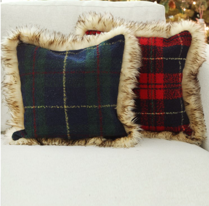 Plaid pillow store with fur trim